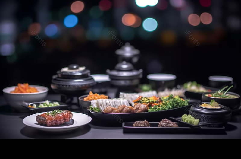 夜晚古色古香石桌上美食摄影实拍,高清,摄影图,摄影图片,图片大全,摄影图免费下载